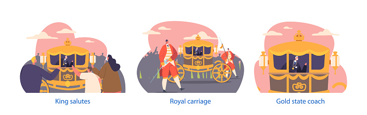 Monarch Waves At The Crowd While Riding In A Luxurious Carriage On The Street For A Grand Parade Isolated Elements. Subjects Characters Greeting the King or Prince. Cartoon People Vector Illustration