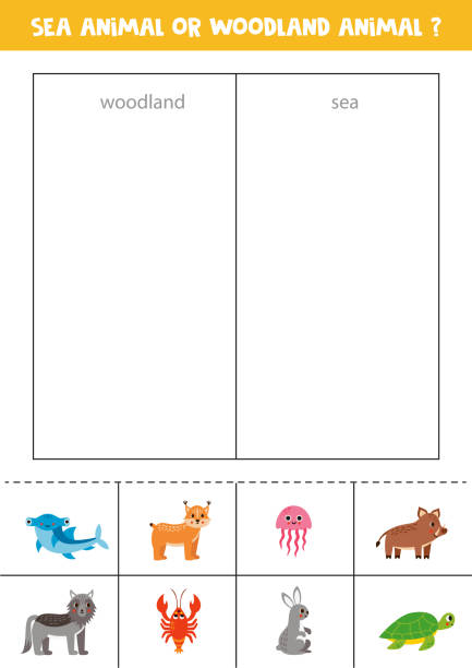 Sort cards into sea or woodland animals. Logical game for children. Sea or woodland animal. Match cards with cute animals. Logical game for kids. wood turtle stock illustrations