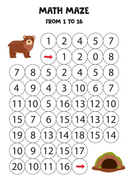 Vector illustration of Get cute bear to its den by counting to 16.