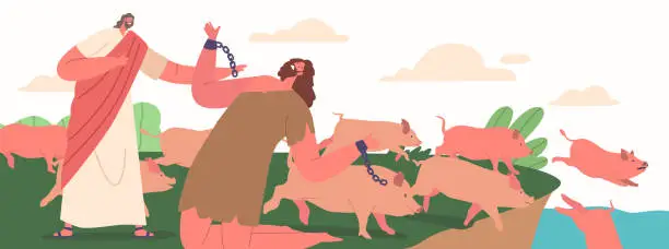 Vector illustration of Bible Narrative Jesus Casts Demons Into Pigs That Then Jump Off A Cliff And Drown In The Sea. Crazy Male Character