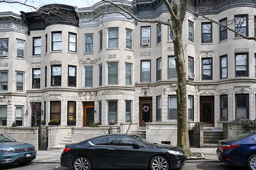 New York City, United States, April 8, 2023 - Townhouse apartments near Prospect Park (Fifth Street) in Brooklyn, New York City, United States.