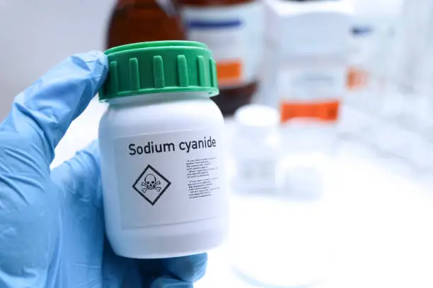 Sodium cyanide in glass, chemical in the laboratory and industry, dangerous Chemical or raw materials for production