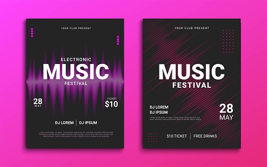 Electronic music festival poster. Electro sound party flyer with distorted waves. Music festival cover design. Vector illustration.
