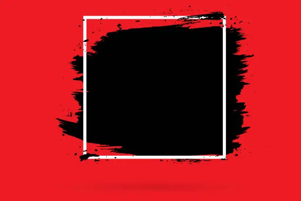 Vector illustration of Black watercolor splash and shadow. rectangular frame white. red background