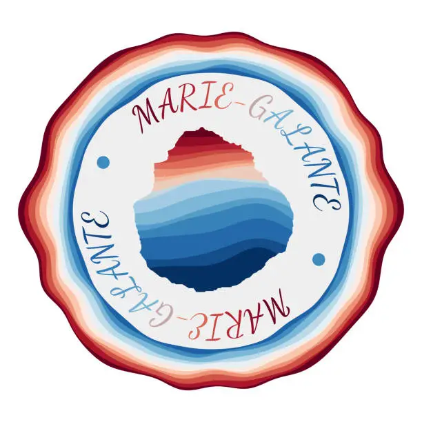 Vector illustration of Marie-Galante badge. Map of the island with beautiful geometric waves and vibrant red blue frame. Vivid round Marie-Galante logo. Vector illustration.