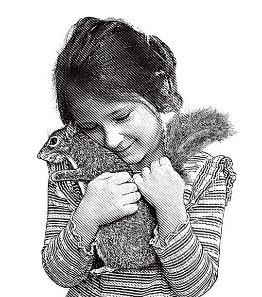 Vector illustration of Young girl hugging cute squirrel
