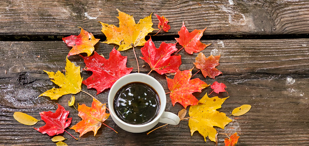 This is a photograph taken on a mobile phone outdoors of a white cup of coffee surrounded by a variety of leaves on a rustic wooden table during autumn of 2020.