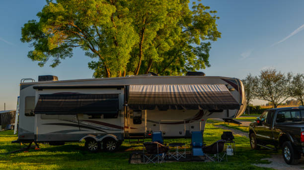 istock Campsite with Rv trailer 1486440023