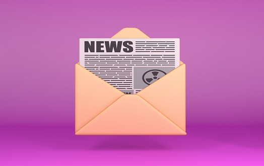 newsletter 3D illustration. Newspaper in open mail envelop. newsletter 3d icon.