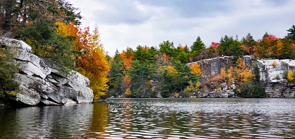 This is a photograph taken on a mobile phone outdoors of Lake Minnewaska in upstate New York on an overcast autumn day in 2020.