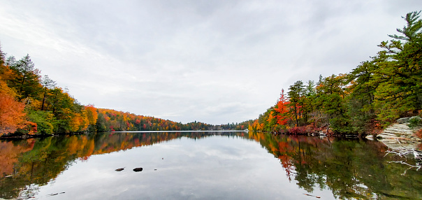 This is a photograph taken on a mobile phone outdoors of Lake Minnewaska in upstate New York on an overcast autumn day in 2020.