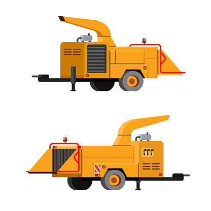 Mounted on the wheels tree chipper. Trailer mount wood chipper with drawbar. Yellow wood chipper for chipping felled trees and brunches after tree trimming. Front and back side view. Vector clip art on white background