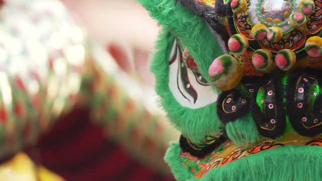 The torso of the dragon puppet and the lion puppet perform during the Chinese New Year festival.