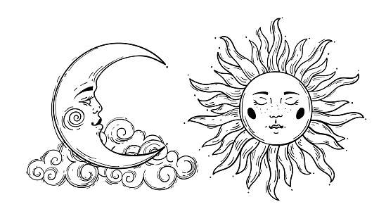 Sun and moon crescent with cloud, vintage boho line drawing for astrology, celestial mythological symbols, witch tattoo. Vector illustration isolated on white background