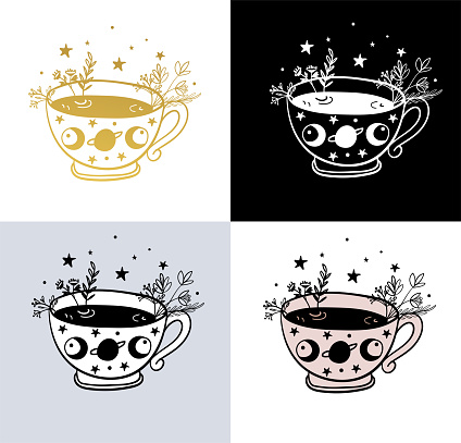 Mystical mug with magic drink, cup with potion, coffee for witch, illustration set, vector sketch by line isolated on white background