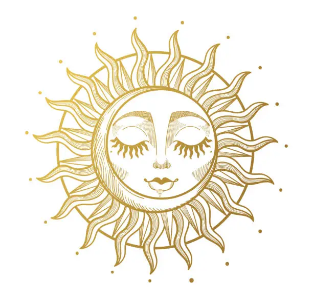 Vector illustration of Golden vintage sun and moon, logo for astrology, zodiac, tarot, divination, horoscope. Mystical mythological design element for a witch. Vector illustration isolated on white background.