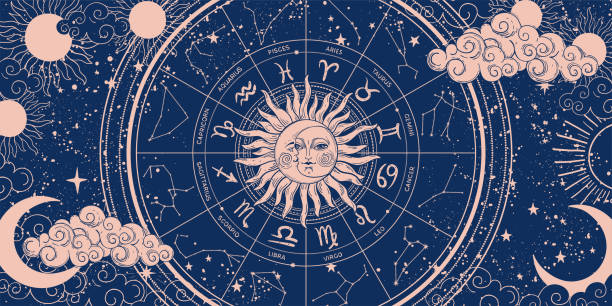 koło zodiaku na niebieskim tle z księżycem i słońcem, sztandar astrologiczny z 12 znakami zodiaku. mistyczny wzór wektorowy horoskopu, magiczna ilustracja ezoterycznego wszechświata, ezoteryczny rysunek ręczny. - virgo stock illustrations