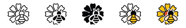 Honey icon vector Bee and flower icons set. Honey bee and flowers icon symbol in line, flat, and color style. Honey bee, beehive, bee, honey, hive, beekeeping icons collection. Vector illustration pest control logos silhouette stock illustrations