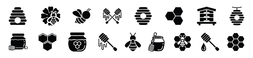 Honey and beekeeping flat icons vector set with editable stroke. Bee, beehive, honeycomb, honey, jars, hive, spoons, flowers icons collection on white background. Vector illustration