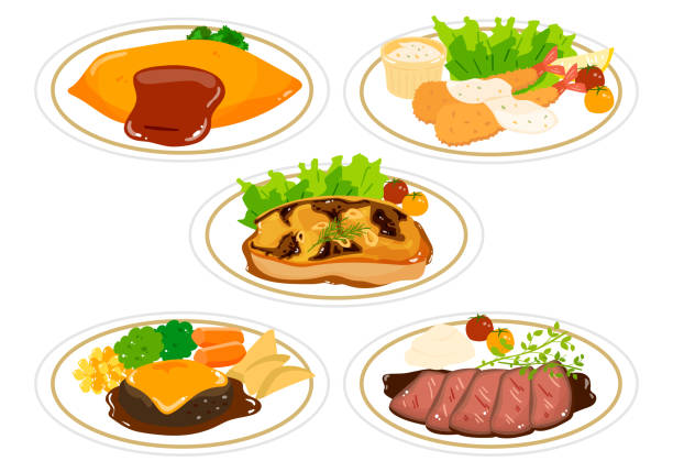 ilustrações, clipart, desenhos animados e ícones de um conjunto de ilustração vetorial de alimentos conhecidos como "youshoku" no japão, que é influenciado pela culinária ocidental. - produto de carne