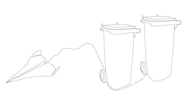 Vector illustration of One continuous line of Paper Airplane with Garbage Bin. Thin Line Illustration vector concept. Contour Drawing Creative ideas.