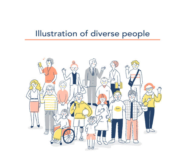 illustrazioni stock, clip art, cartoni animati e icone di tendenza di immagine della diversità / raccolta della diversità - senior adult wheelchair community family