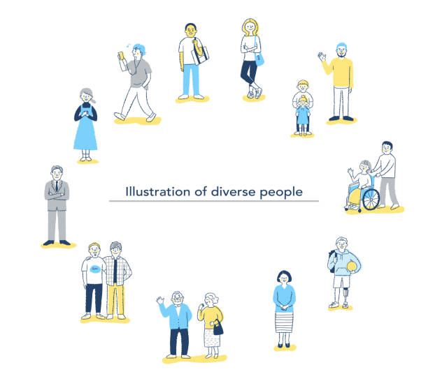 illustrazioni stock, clip art, cartoni animati e icone di tendenza di immagine del cerchio diversità/diversità - senior adult wheelchair community family