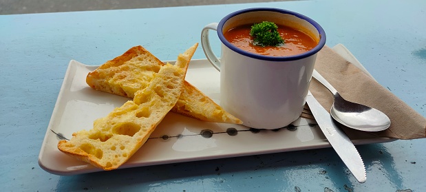 Tomato soup and garlic bread