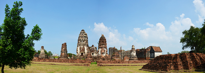 Ancient ruins building and antique architecture of Wat Phra Sri Rattana Mahathat temple for thai people and foreign travelers journey travel visit respect praying at Lopburi city in Lop Buri, Thailand