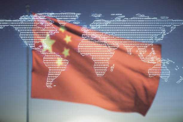 Multi exposure of abstract graphic world map on Chinese flag and sunset sky background, big data and networking concept stock photo