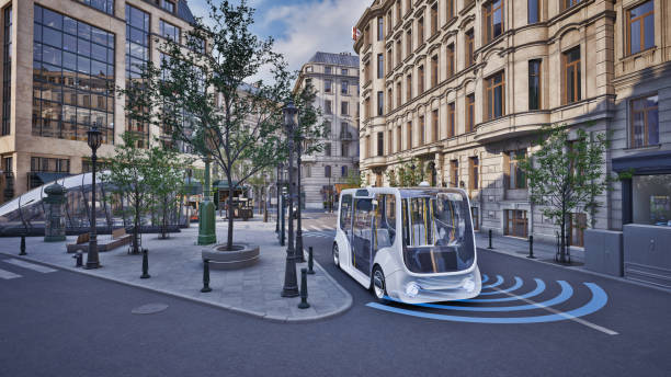 Autonomous electric bus self driving on street, Smart vehicle technology concept, 3d render stock photo