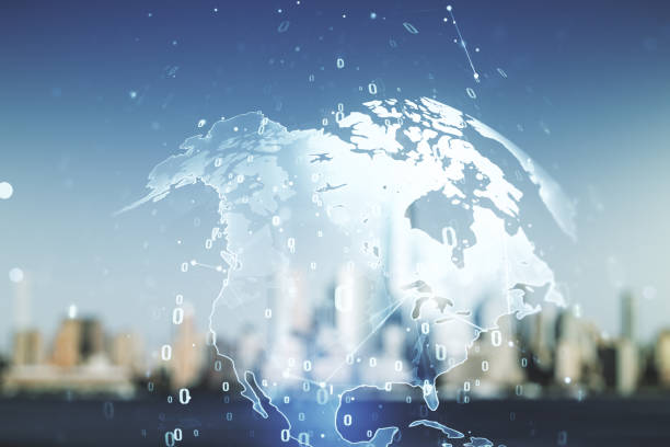 istock Double exposure of abstract creative programming illustration and world map on blurry office buildings background, big data and blockchain concept 1486465957