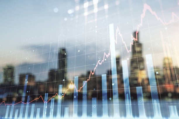istock Multi exposure of virtual abstract financial diagram on blurry office buildings background, banking and accounting concept 1486465958