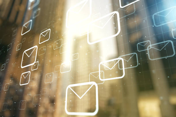 istock Double exposure of abstract virtual postal envelopes hologram on modern skyscrapers background. Electronic mail and spam concept 1486466008