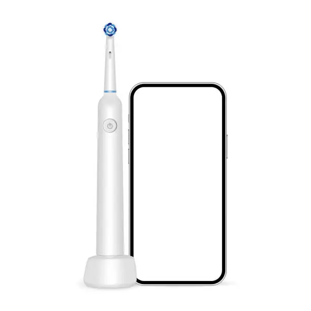 Vector illustration of White Electric Toothbrush on Charger, Phone