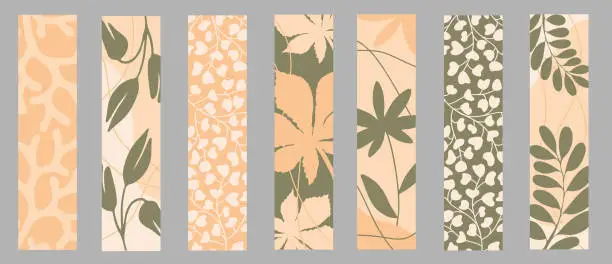 Vector illustration of Set of vector bookmarks in vertical format. Abstract leaves, flower, branches and tropical plants.