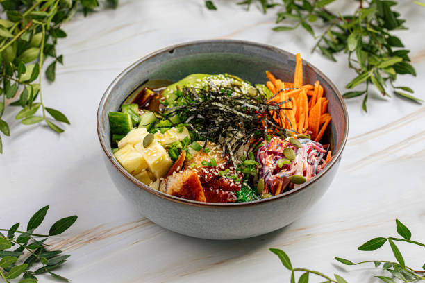 istock Portion of eel poke bowl with vegetables 1486470703