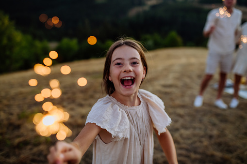 Portrait of excited girl with sparkler during family picnic in nature.
