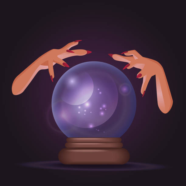 ilustrações de stock, clip art, desenhos animados e ícones de hands of witch hands holding a crystal ball - fortune telling paranormal neon light prophet
