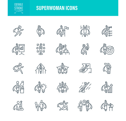Superwoman Icon Set Editable Stroke. Contains such icons as Superhero, Superwoman, Superman - Superhero, Women, Business Woman, Cape - Garment
