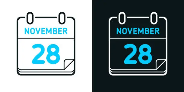 Vector illustration of November 28. Bicolor line icon on black or white background - Editable stroke