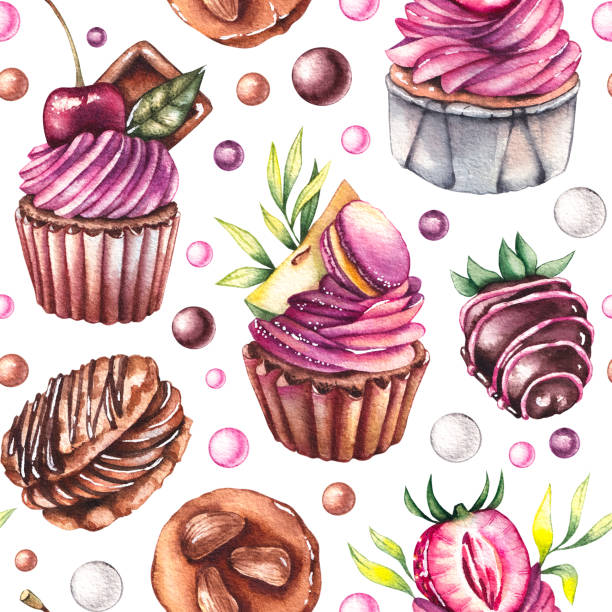 白い背景に水彩パターンとカップケーキ - chandler strawberry点のイラスト素材／クリップアート素材／マンガ素材／アイコン素材