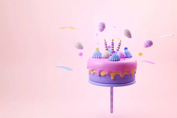 Birthday cake and anniversary with flying egg 3d illustration