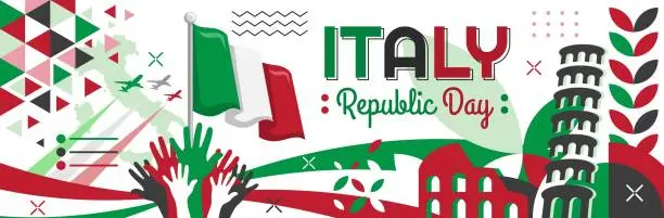 Vector illustration of Italy national day banner design. Republic day of italy or italia background design with map, flag, landmark. Italian green white red theme geometric abstract retro modern vector illustration (Italy: Festa della Repubblica Italiana)