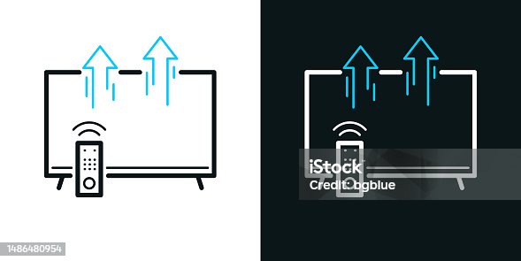 istock Send from TV. Bicolor line icon on black or white background - Editable stroke 1486480954