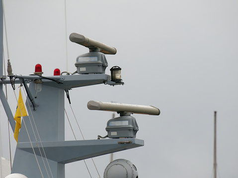 detail of a fishing boat radar in a harbour