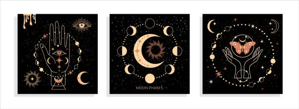 Vector illustration of Banner set Mystical moon phases and woman hands and moth, alchemy esoteric magic space, sacred wheel of the year, vector isolated on black background