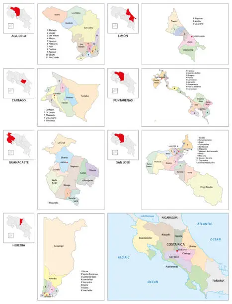 Vector illustration of Administrative vector map of the Central American state of Costa Rica