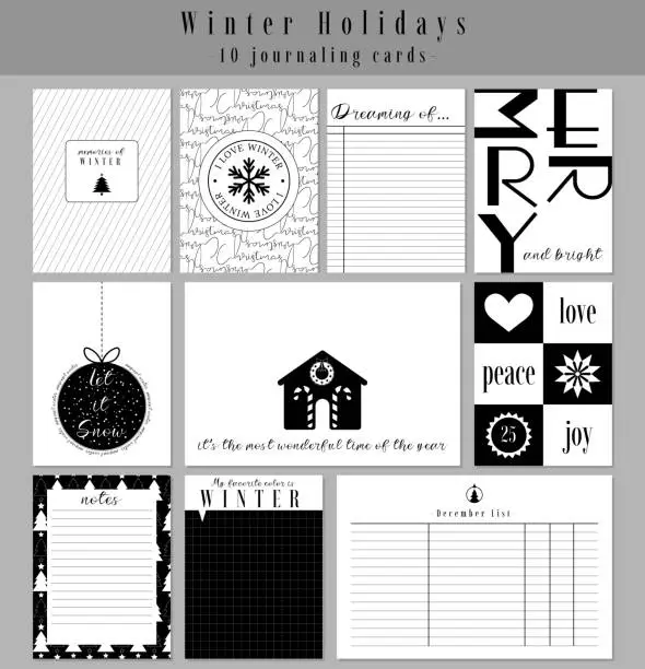 Vector illustration of Set of 10 printable creative winter holiday, Christmas theme journaling cards. Vector design templates for planners, scrapbooking, greeting cards, gift cards,blogging, notes, notebook, diary.