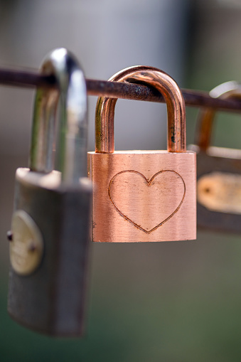A heart-shaped lock locked on the fence